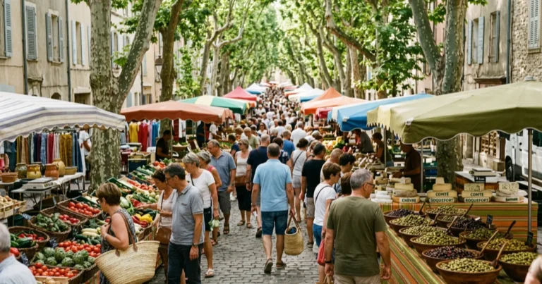 Marché provençal animé sous les platanes dans le Var