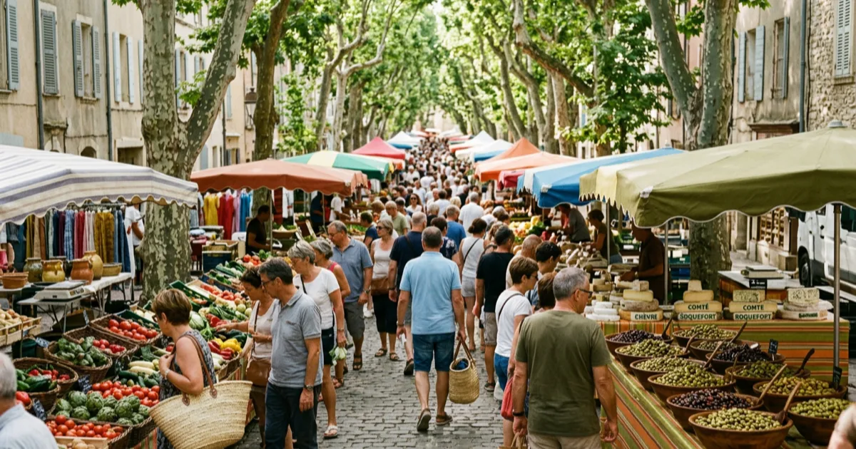 Marché provençal animé sous les platanes dans le Var