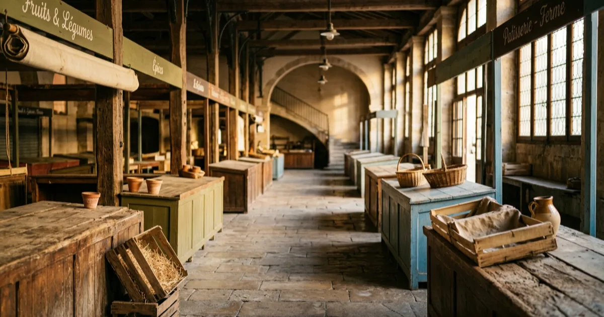 Intérieur d'un marché couvert provençal, évoquant les anciennes Halles des Plaines
