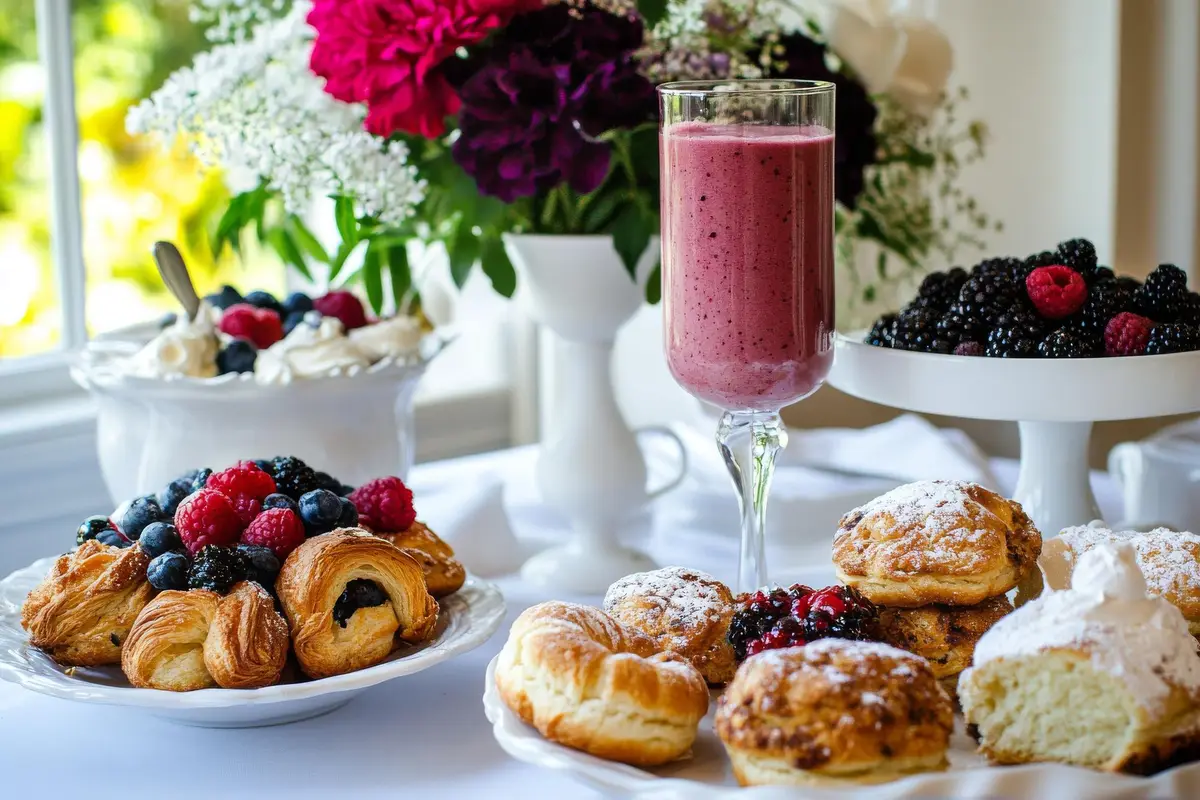 Buffet de brunch avec viennoiseries, fruits et boissons à Bandol